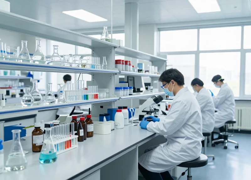 Wide shot of a modern industrial reagent laboratory with scientists working and shelves of chemical bottles.