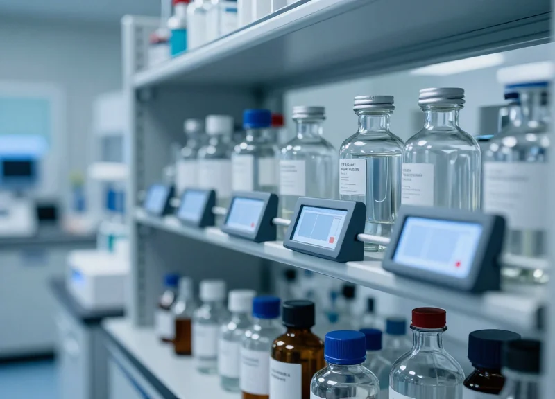 A professional industrial laboratory shelf featuring rows of chemical reagent bottles with electronic shelf labels attached to the rack edge, demonstrating automated inventory tracking.
