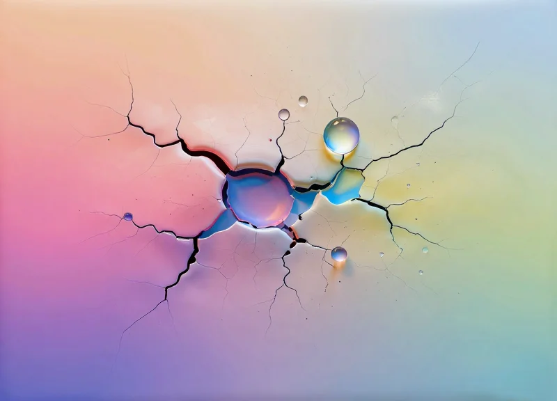 Abstract surreal illustration of a polymer surface being eroded by colorful chemical droplets.