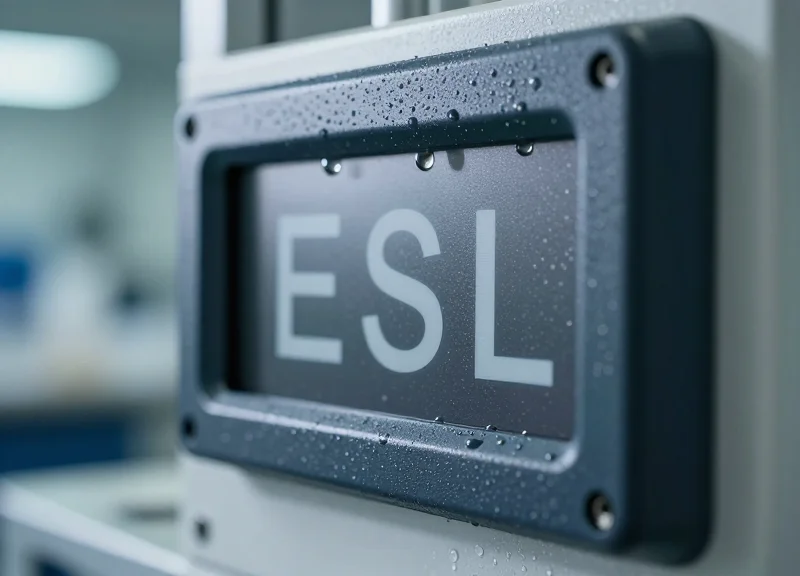 A macro photorealistic shot of an industrial electronic shelf label with a sleek matte finish, showing clear liquid droplets beading on its chemical-resistant surface.