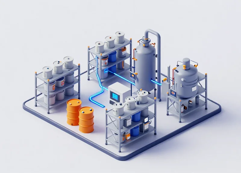 An isometric 3D illustration of a smart industrial chemical storage facility featuring shelves with containers and glowing digital electronic shelf labels connected by data light trails.