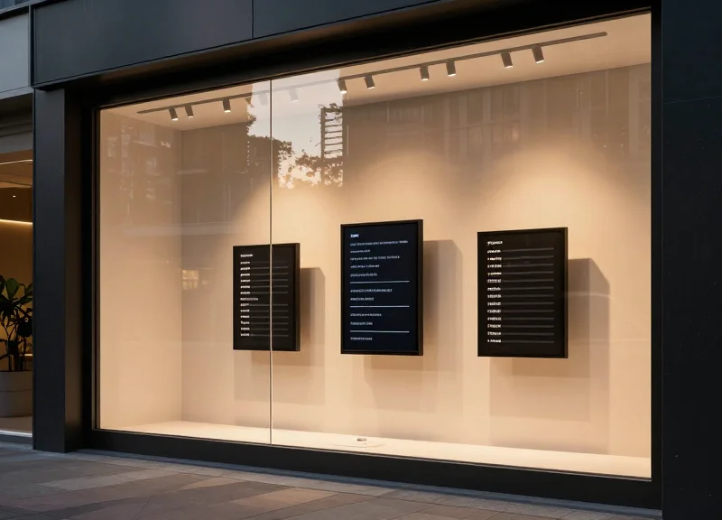 A modern luxury retail storefront at sunset, featuring sleek electronic shelf labels in the window display.