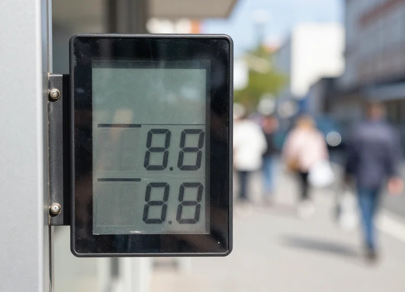Close-up of an electronic price tag in bright sunlight, showing high contrast visibility.