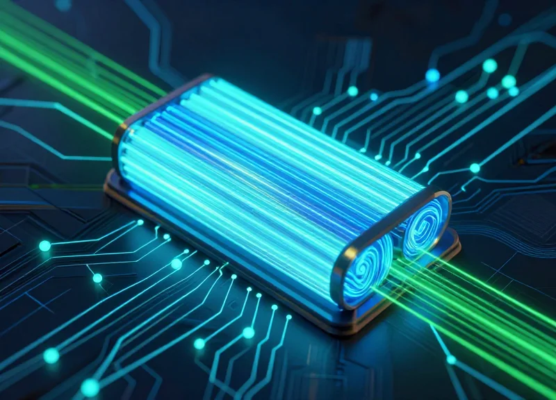 Abstract technology concept representing high-efficiency energy storage and power flow.