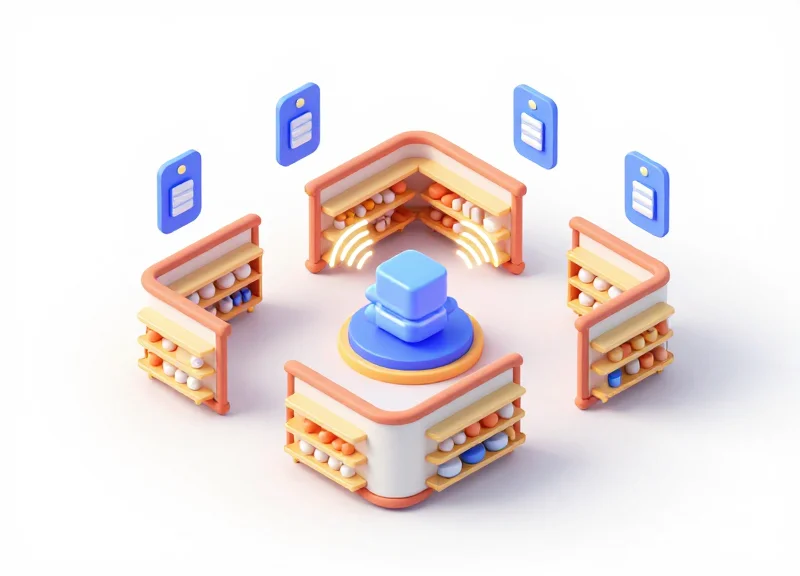 Isometric 3D illustration of a retail store layout connecting digital tags to a cloud server.