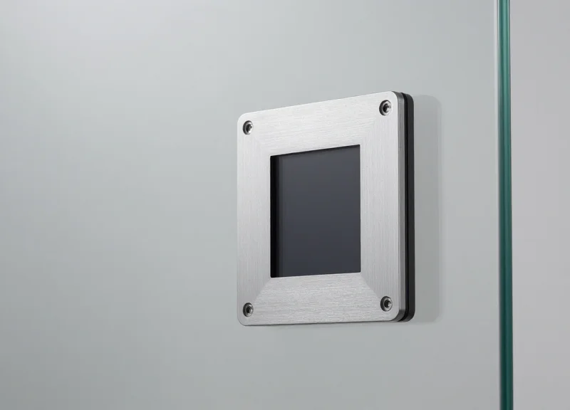 Close-up of minimalist mounting hardware for digital displays on glass.