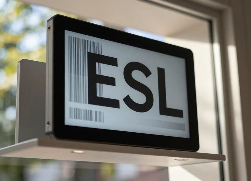 A modern electronic shelf label attached to a retail display in a bright, sunlit window, showing clear screen visibility with no glare.