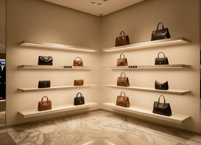 The interior of a high-end luxury boutique with subtle digital price tags.