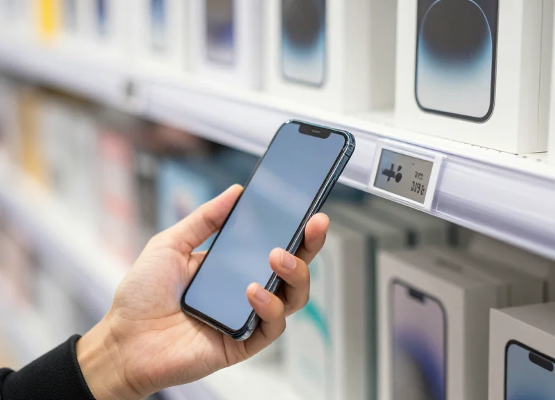 A customer using a smartphone to scan a digital label in a store.