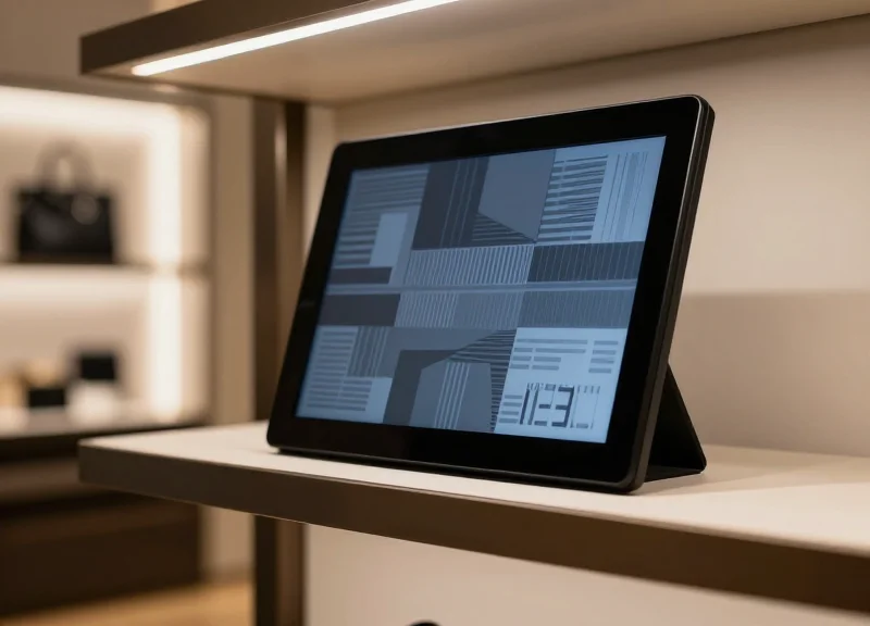 A sleek, high-contrast electronic shelf label on a polished shelf in a high-end luxury boutique, featuring a crisp digital display in a professional retail setting.