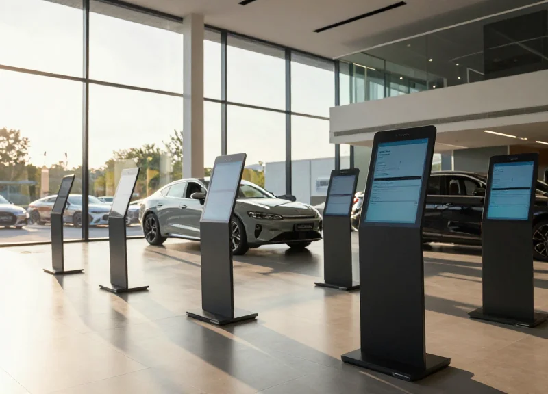A modern high-end car showroom with massive floor-to-ceiling windows and bright digital price tags clearly visible under intense natural daylight.