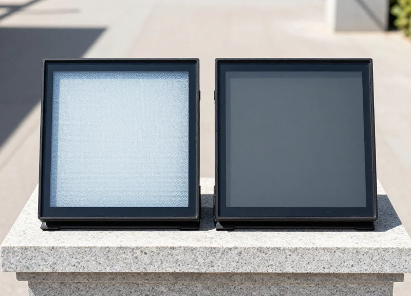 Side-by-side comparison of two digital screens under direct sunlight: one is clear and vibrant, the other is faded and washed out.