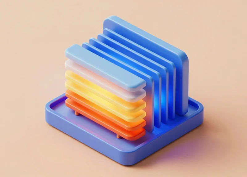 Isometric 3D view of an electronic display's internal cooling structure showing heat pipes and ventilation layers.