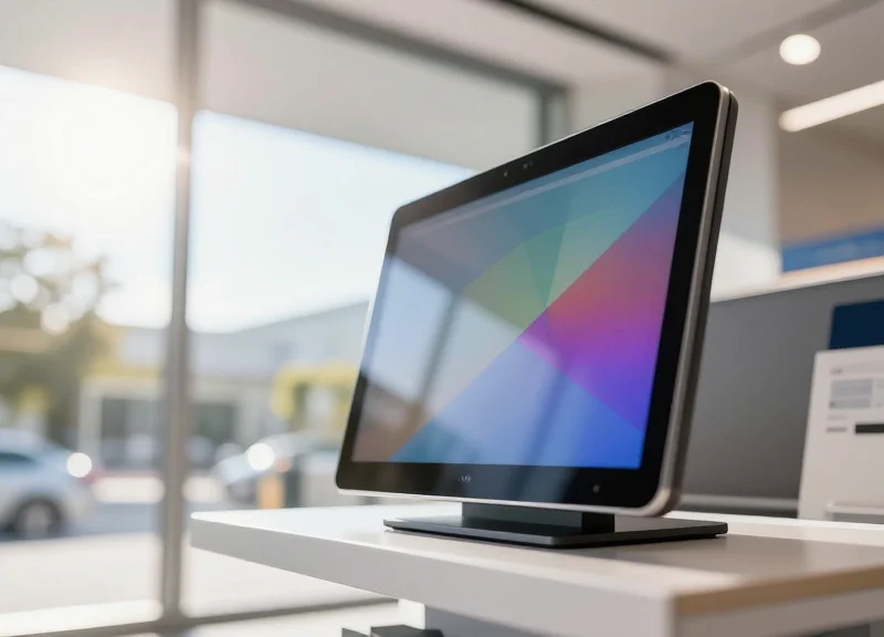 A close-up photorealistic shot of a high-brightness electronic shelf label on a modern retail shelf, remaining perfectly visible and vibrant under direct intense sunlight in a bright showroom.