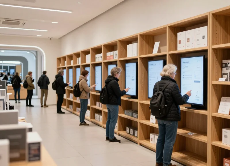 Modern futuristic retail store interior with high-tech shelving and digital price displays, showing a blend of physical and digital shopping.