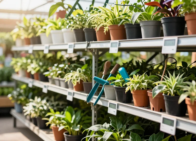 Outdoor retail environment at a garden center with smart labels visible under bright direct sunlight.