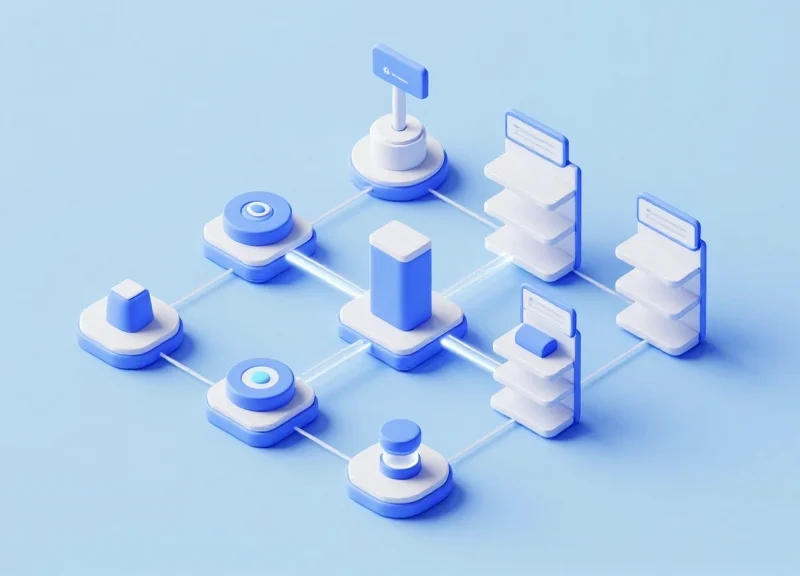 Isometric 3D model showing the integration of smart retail technologies including security gates and electronic labels.