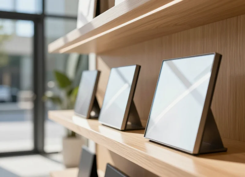 A modern retail shelf with sleek electronic shelf labels glowing brightly in a sunlit, high-end store interior.