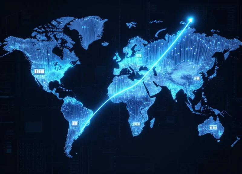 Abstract visualization of global data streams and high-capacity network nodes for retail management.