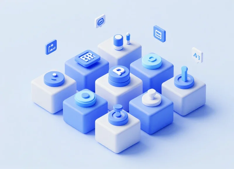 Isometric 3D view of various interconnected modules representing ERP systems, APIs, and cloud databases.