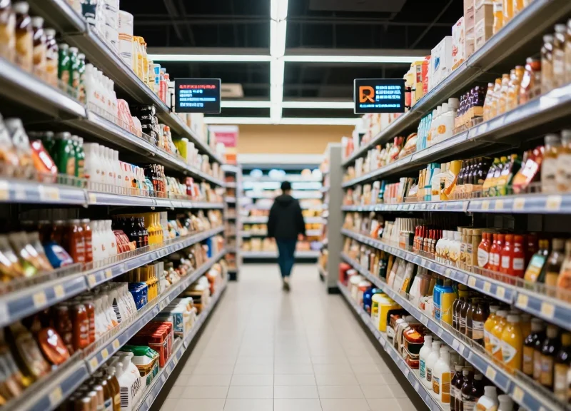 A modern supermarket interior with electronic shelf labels showing vibrant, clear price displays.