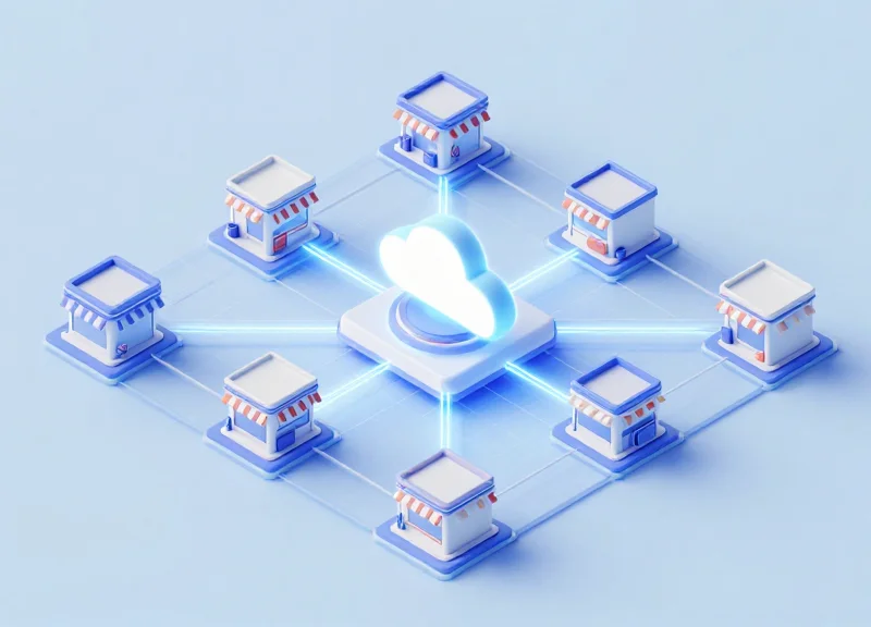 An isometric 3D illustration showing a network of miniature retail stores connected by glowing light paths to a central digital cloud hub, representing large-scale ESL management on a clean light blue background.